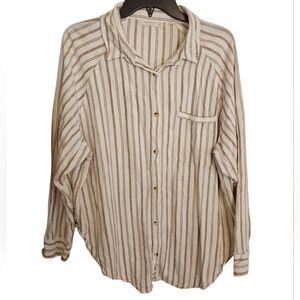 Uncharted Threads Linen Blend Long Sleeve Button Up Top Tan Stripes Sz XL Womens